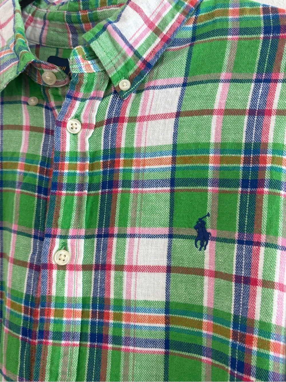 Ralph Lauren preppy Girls XL 18-20 Green Plaid Linen Blend Button Down Shirt